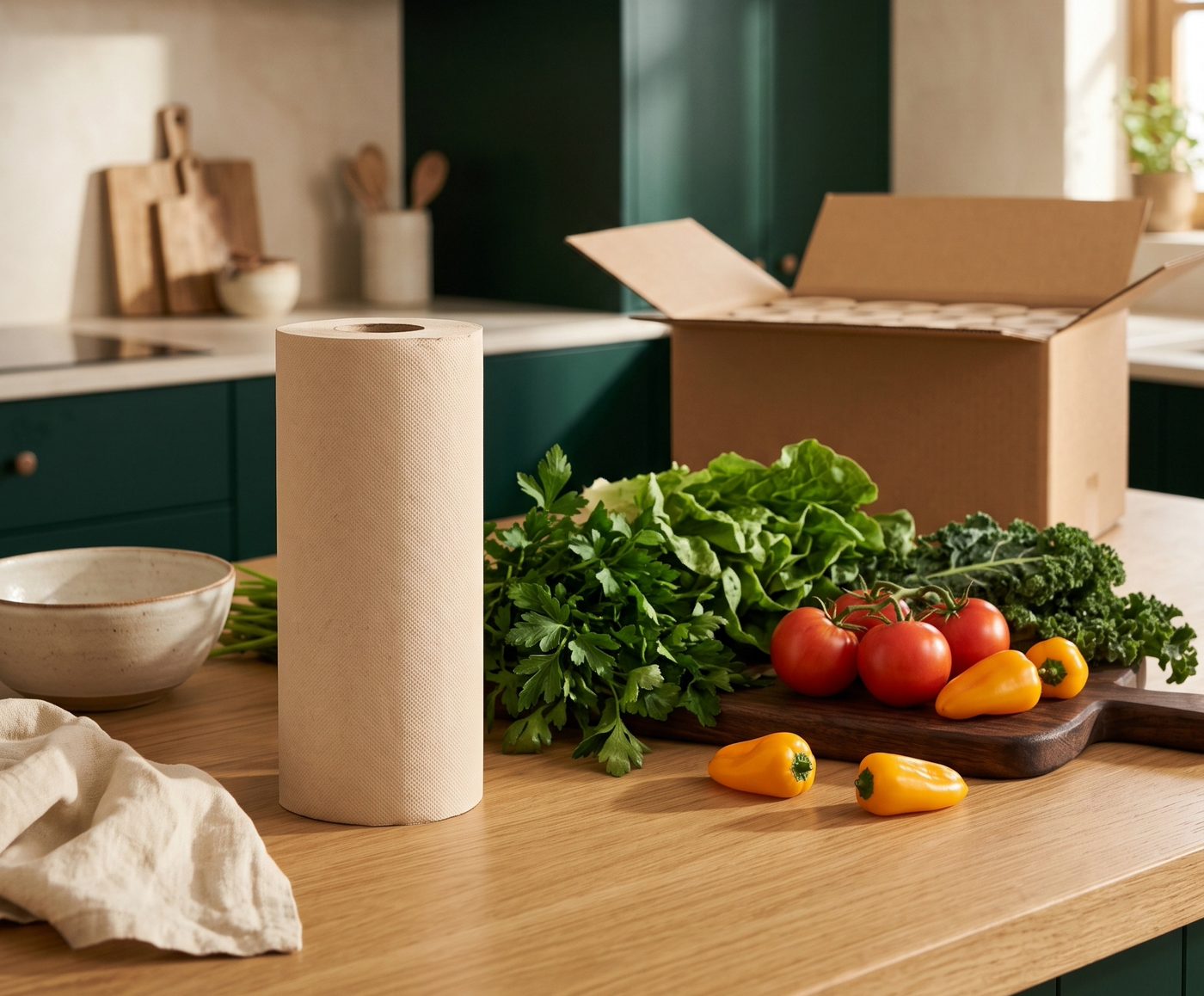Rollo de papel de cocina Honest Paper sobre la encimera de madera, junto a verduras frescas y la caja de cartón abierta.