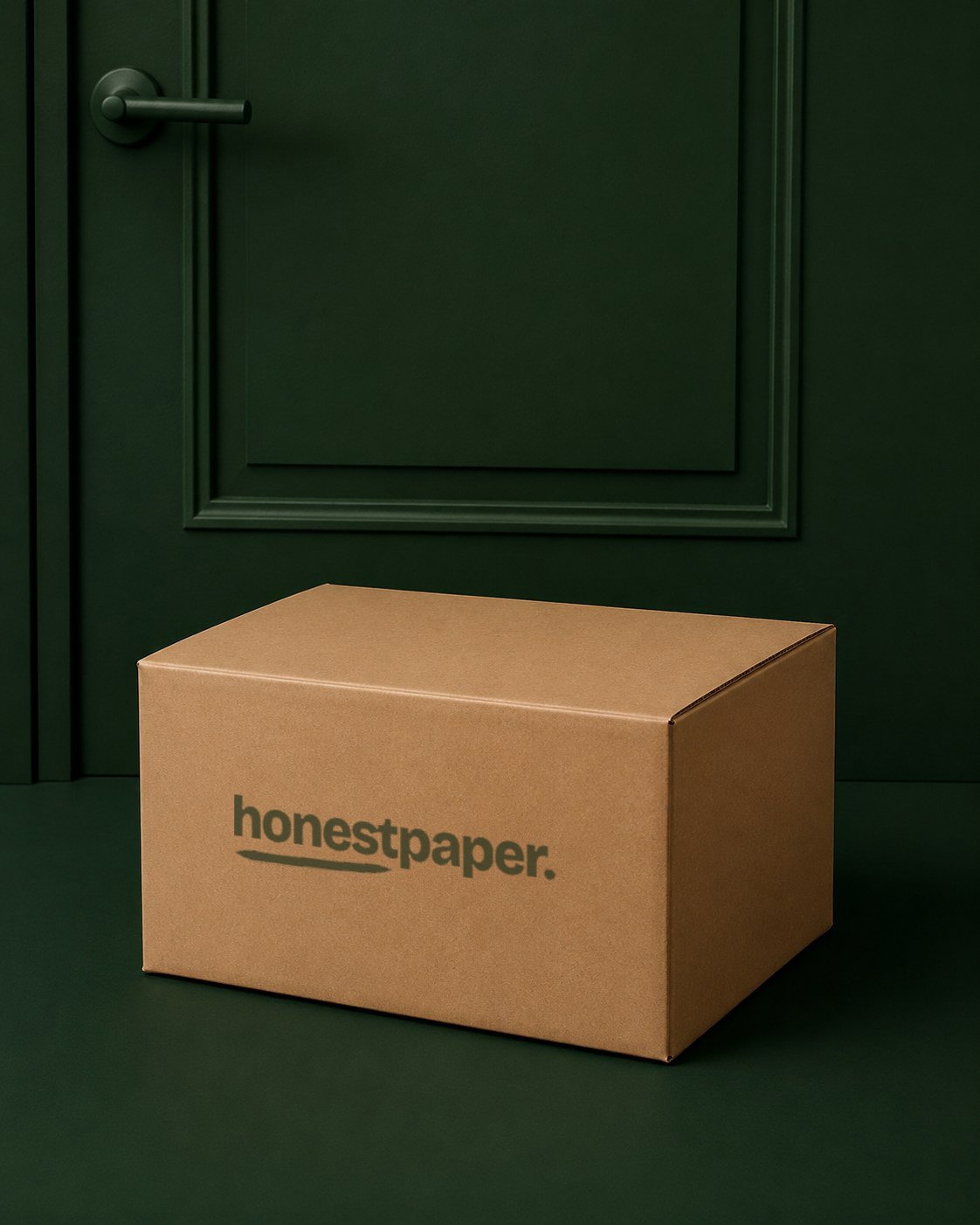 Caja de cartón de honest paper, cerrada, esperando delante de la puerta de casa.