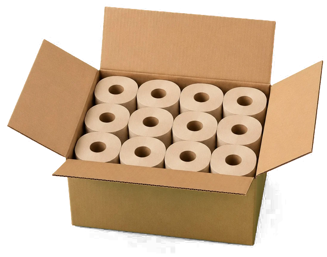 Caja de cartón abierta, llena de rollos de papel higiénico de color ocre natural sin blanquear.